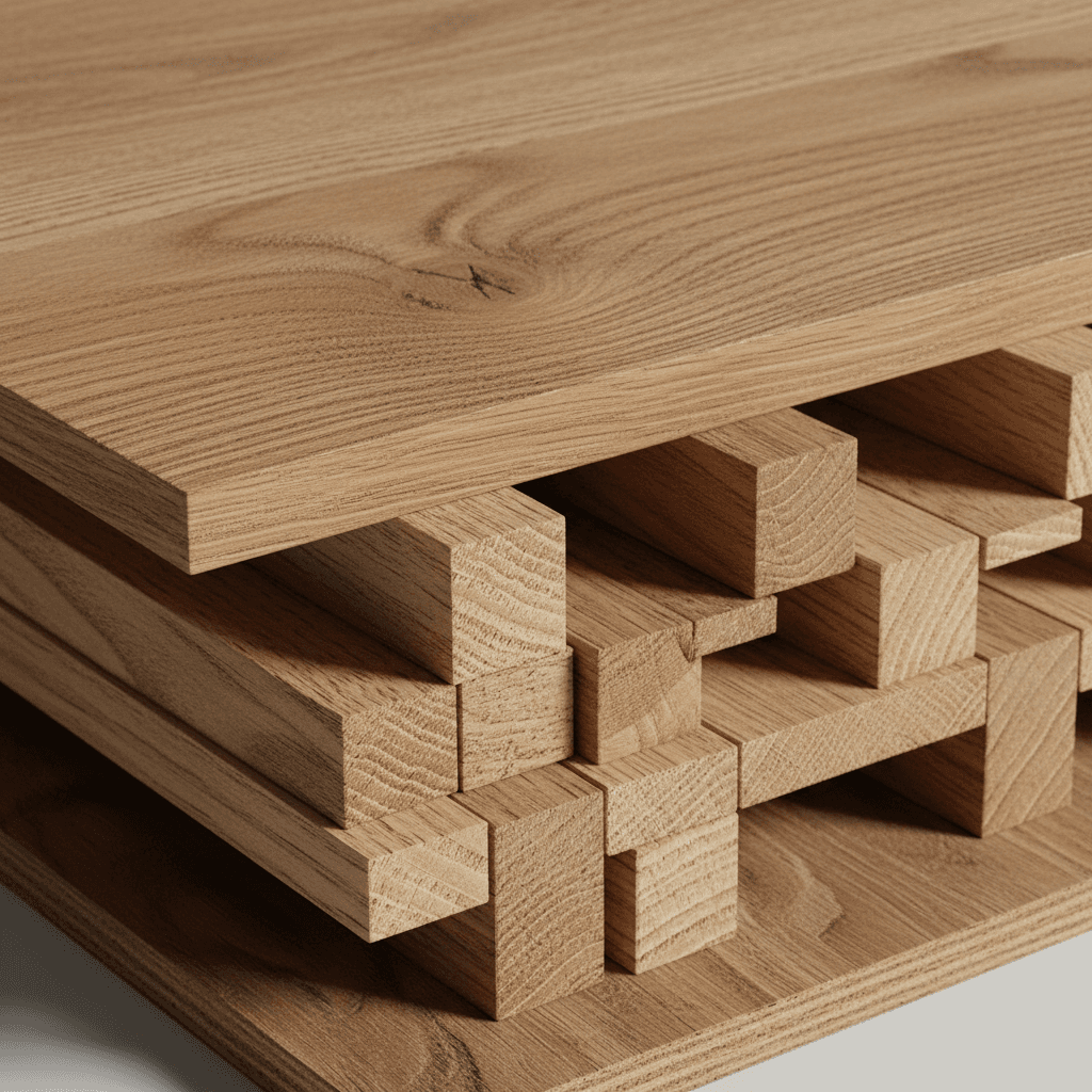 Cross section of engineered hardwood flooring showing layered construction