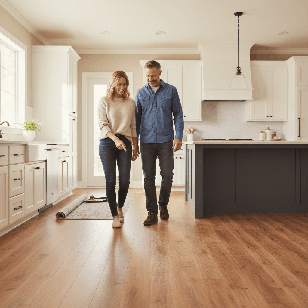 Homeowner and contractor reviewing finished vinyl plank flooring