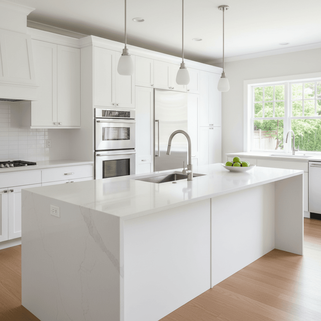 Modern white kitchen with quartz countertops, new sink, faucet, and refaced cabinets