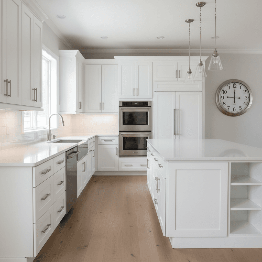 Modern white shaker cabinets in a bright kitchen remodel