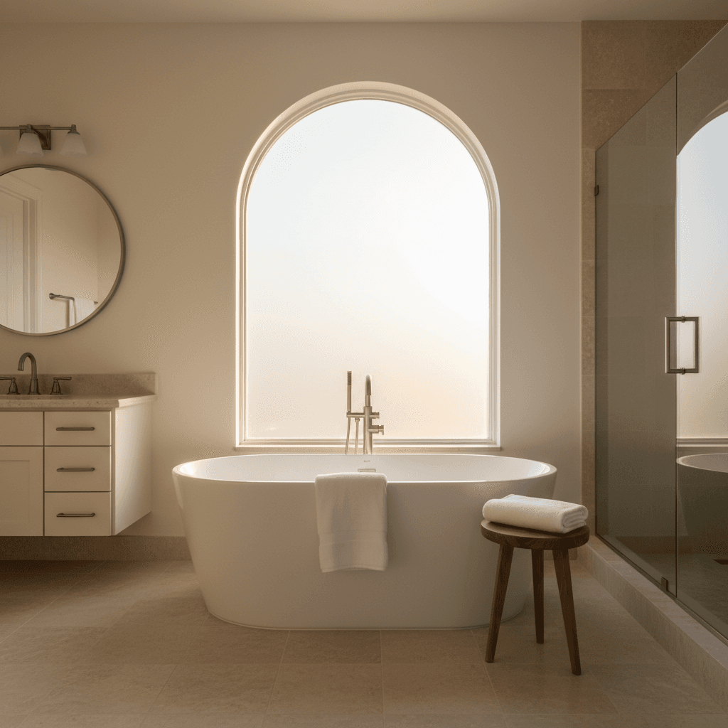 Freestanding soaking tub in a master bathroom with natural light