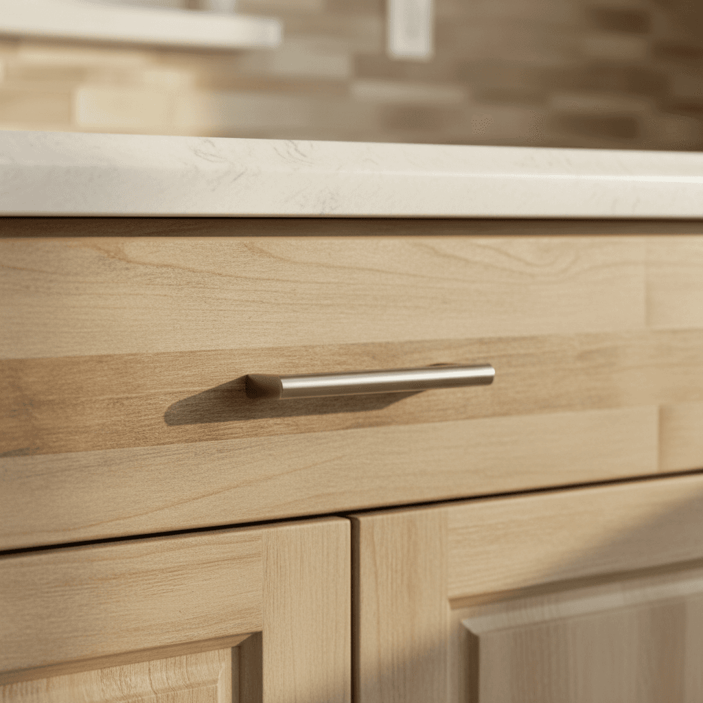 Close-up of a refaced kitchen cabinet with new hardware and quartz countertop edge