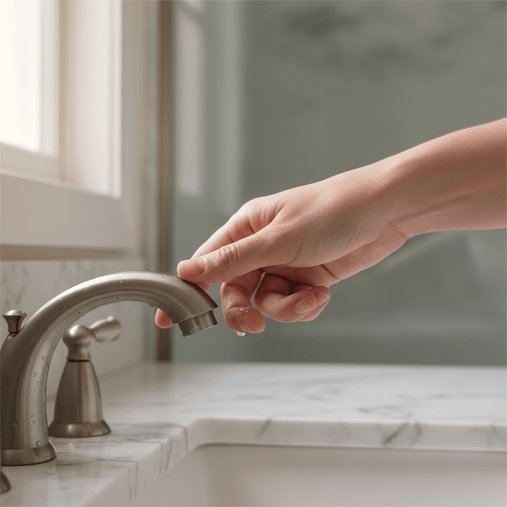 Hand turning a faucet handle in a master bathroom