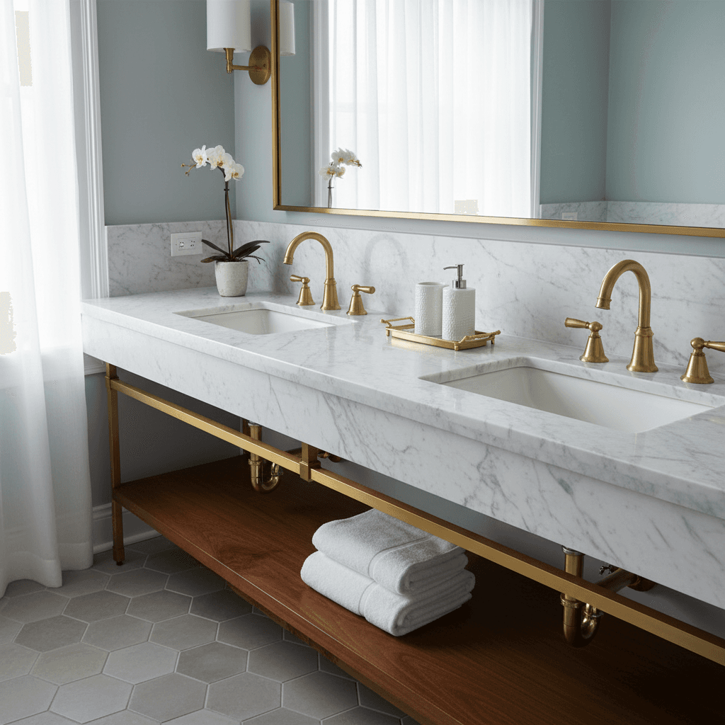 Double sink vanity with marble top and brass fixtures