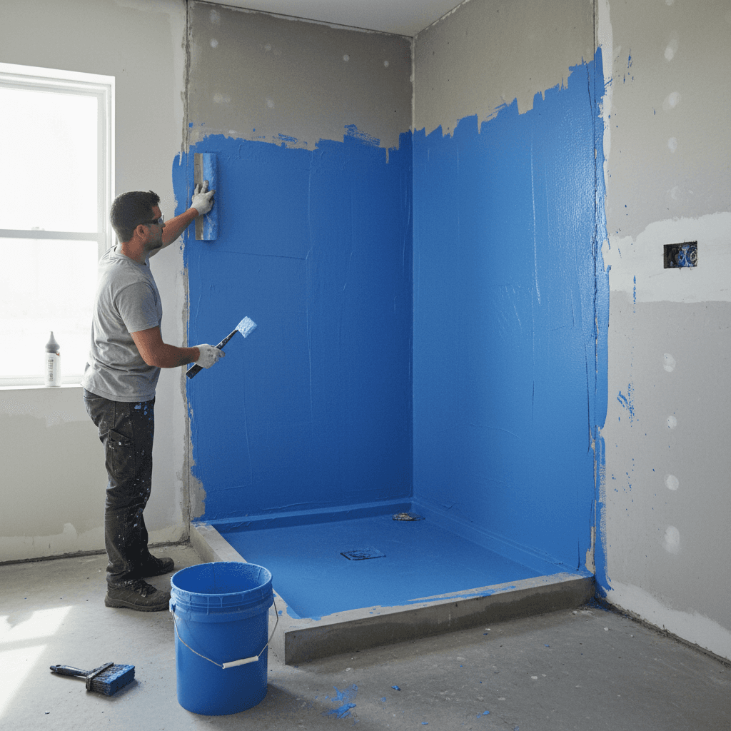 Contractor installing a Schluter KERDI waterproofing membrane on a shower wall