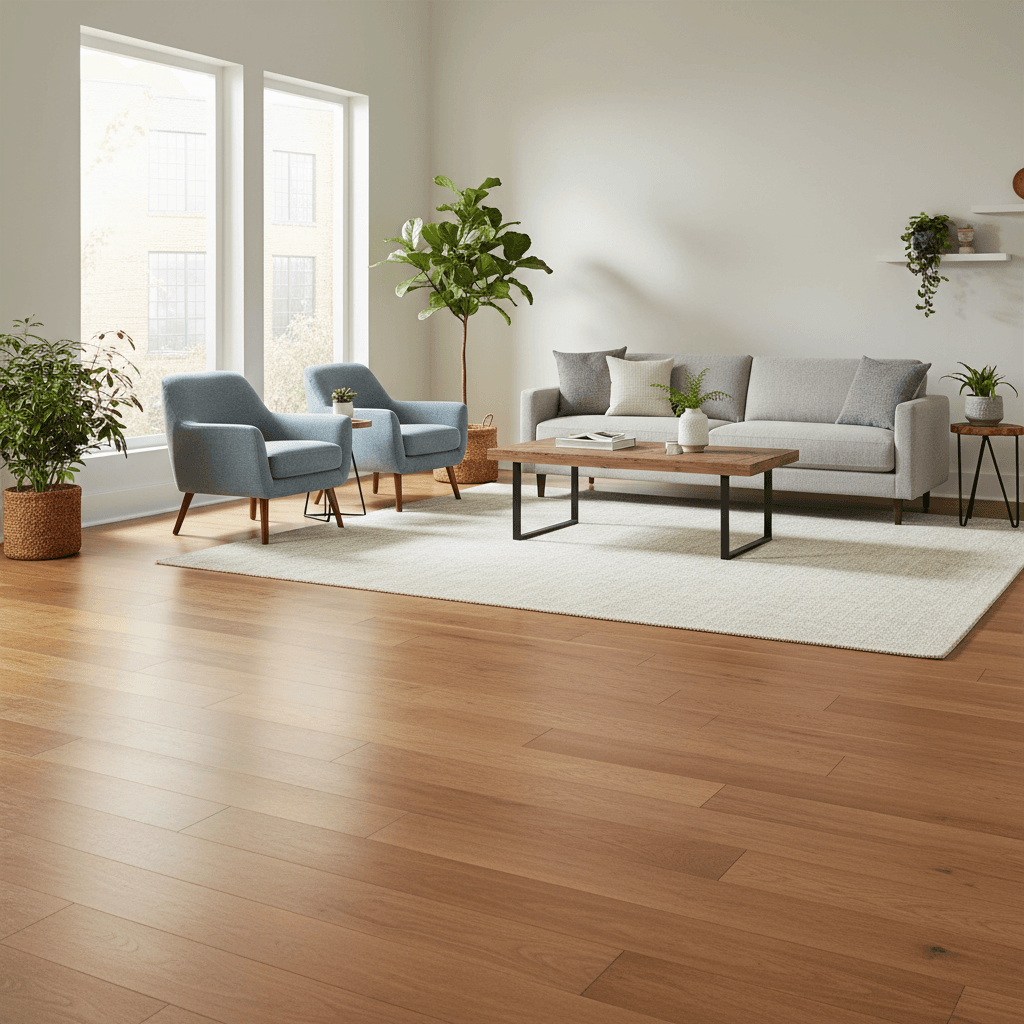 Hardwood floor with matte finish in a bright living room under natural light