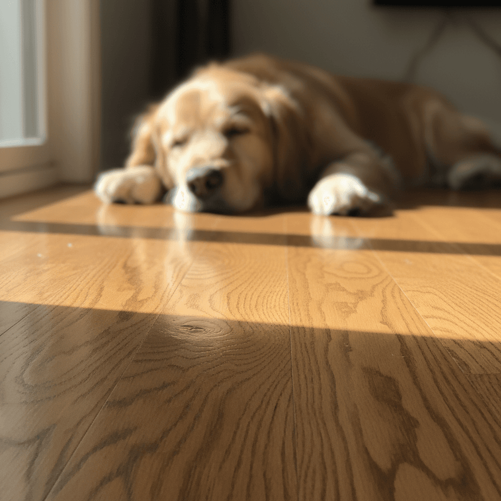 Dog resting on a durable wood floor