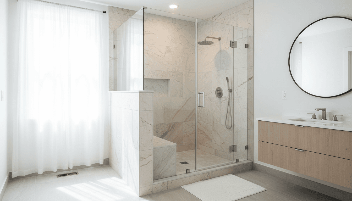 Modern custom tile shower with frameless glass door and natural stone tiles in bright bathroom