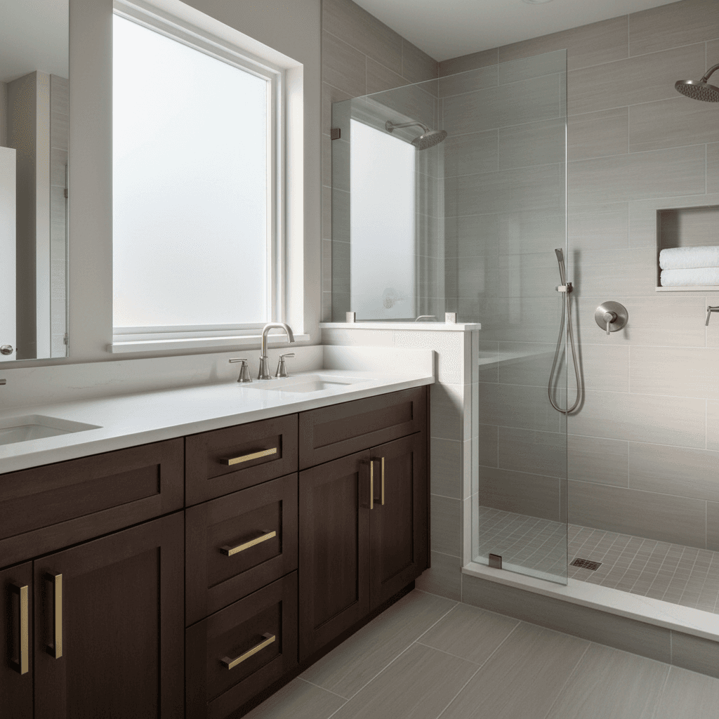 Luxurious bathroom with custom cabinetry and precision-crafted tile shower.