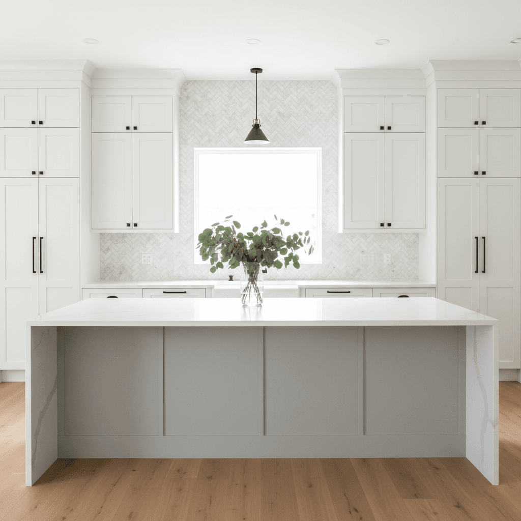 Bright open kitchen with shaker cabinets, quartz island, and marble backsplash tile