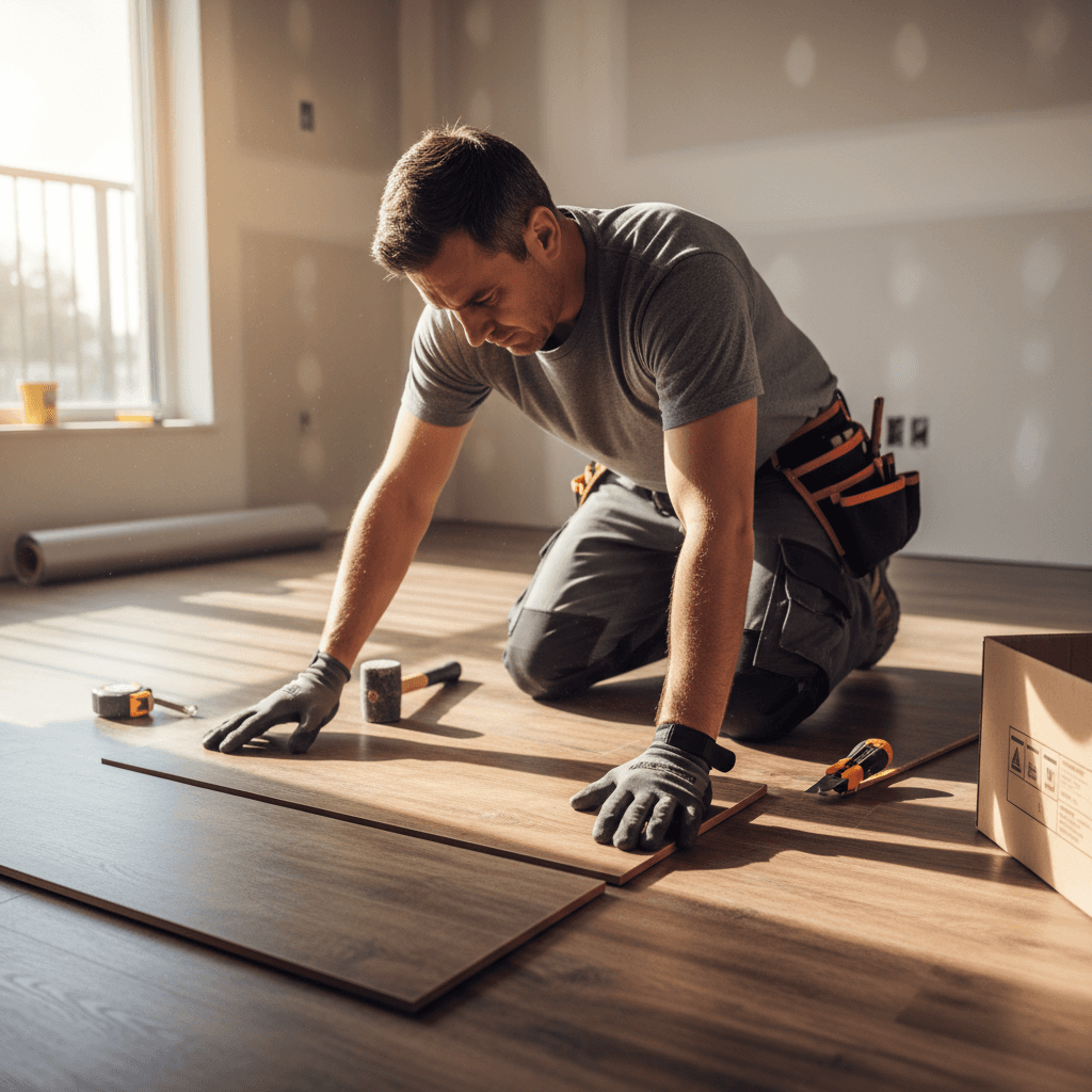 Contractor installing luxury vinyl plank flooring