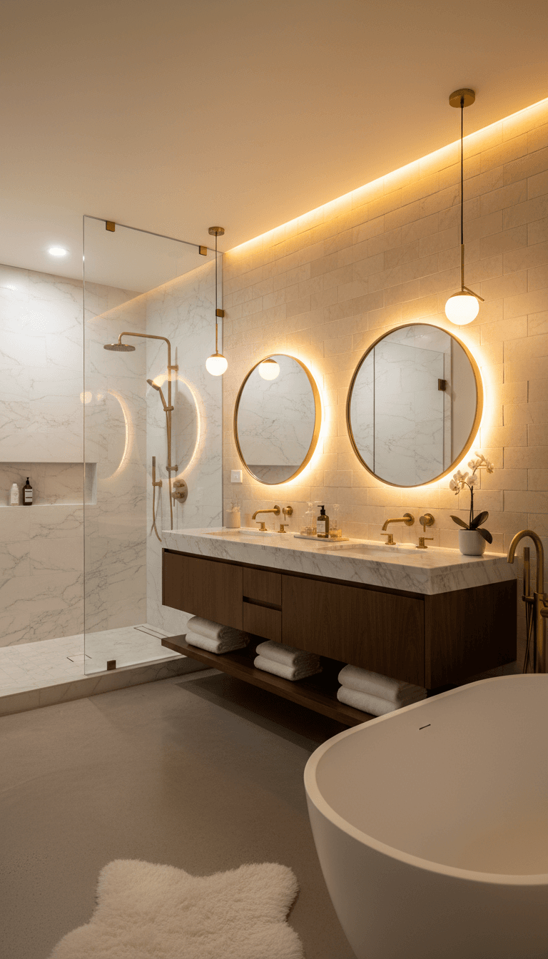Completed bathroom with custom vanity and tile shower