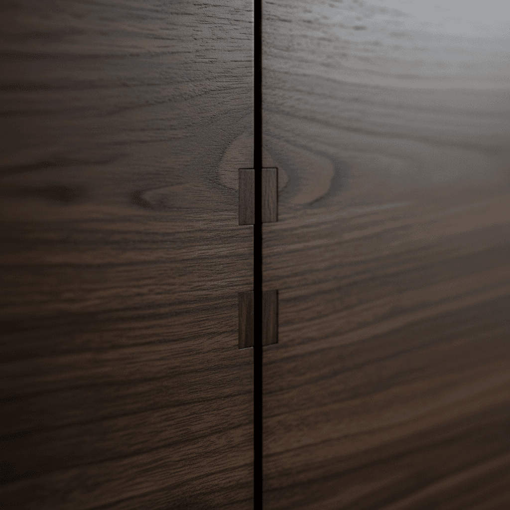 Close-up of custom vanity cabinet joinery and wood grain