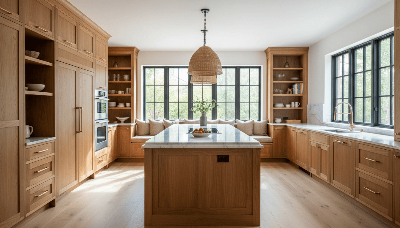 Bright luxury kitchen with custom inset cabinetry and large island, soft natural light
