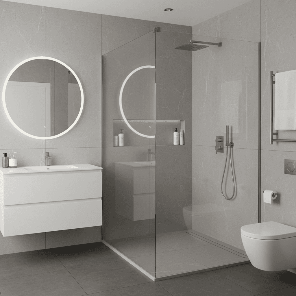 Onyx solid surface shower walls with seamless grout-free finish