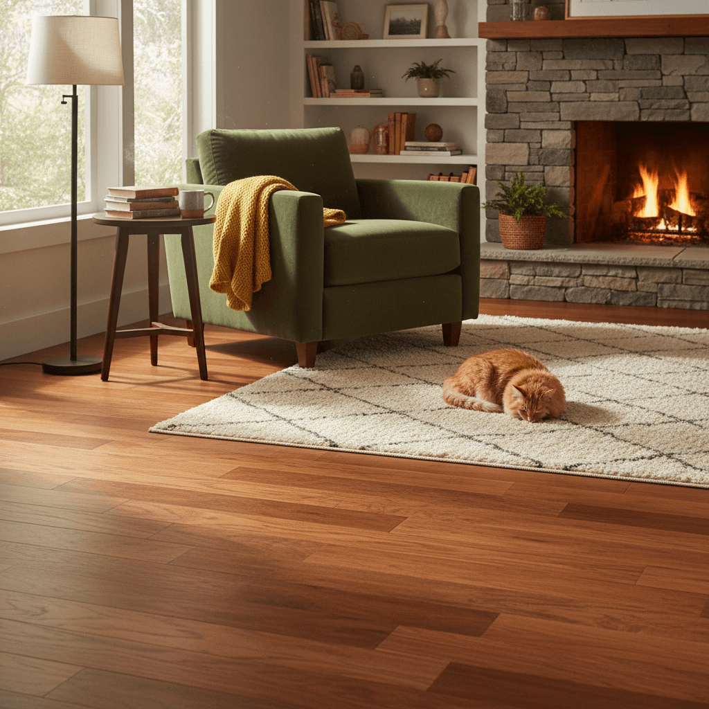 Red oak hardwood floor with pronounced grain in a comfortably furnished room