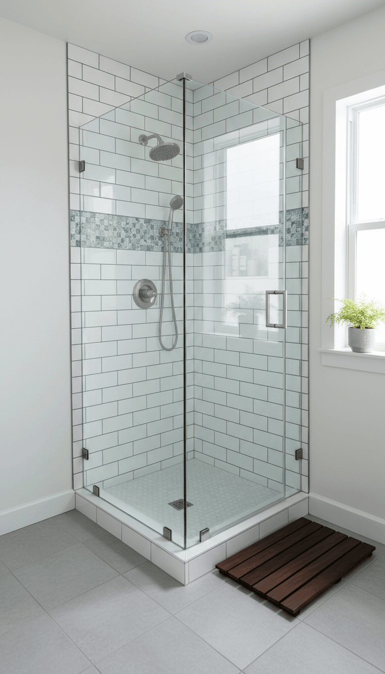 Custom tile shower with modern enclosure and fixtures