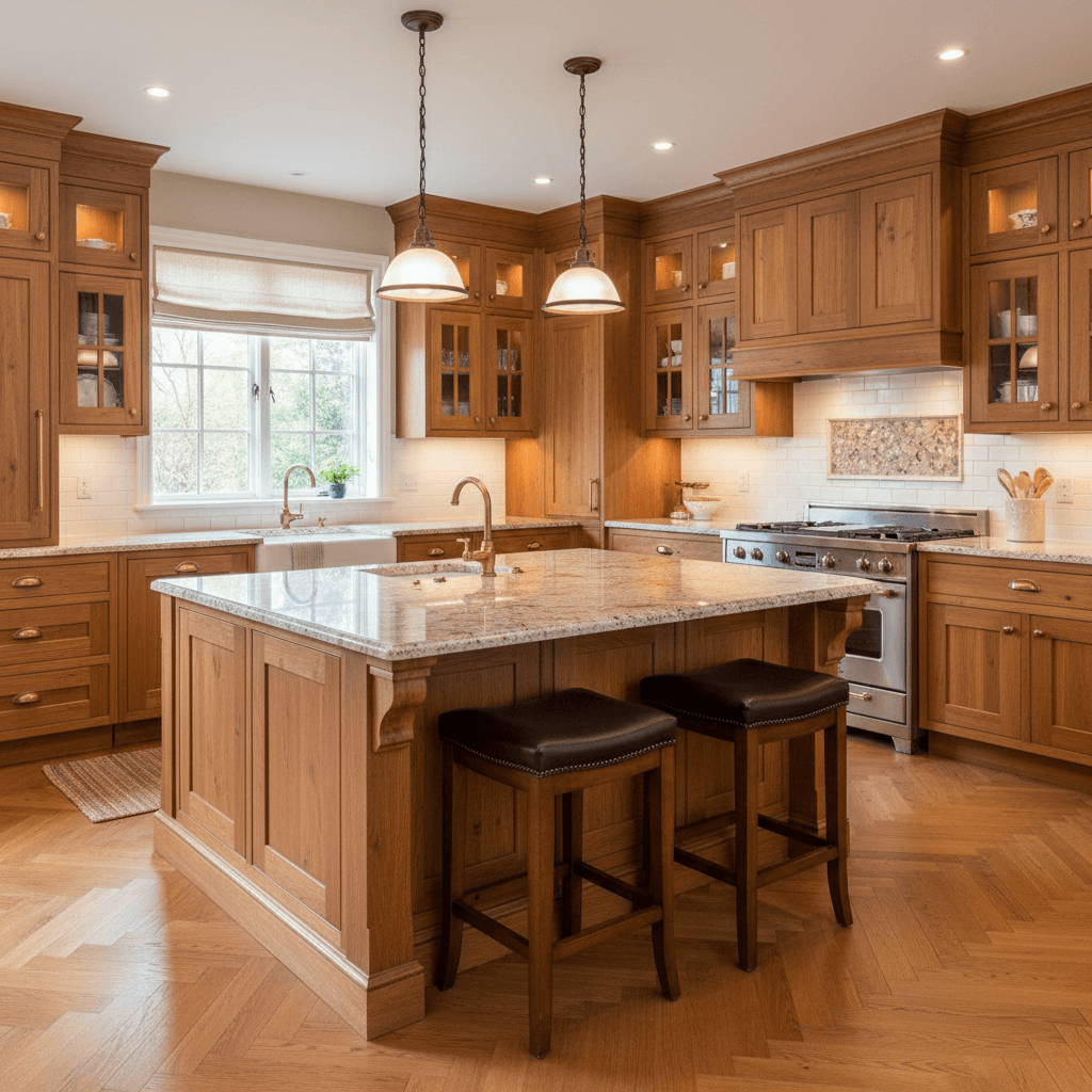 Traditional raised panel cabinets in warm wood kitchen