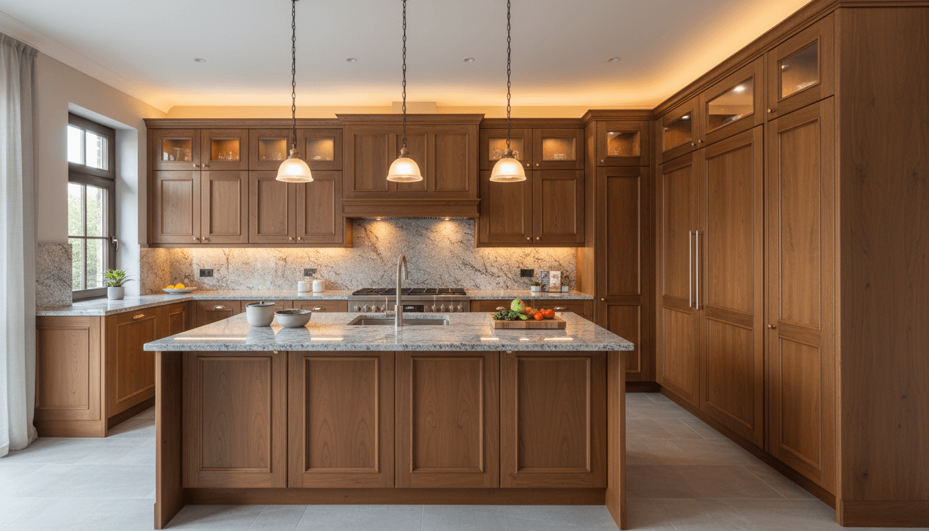 Modern kitchen featuring Bellmont cabinets with warm wood tones and granite counters