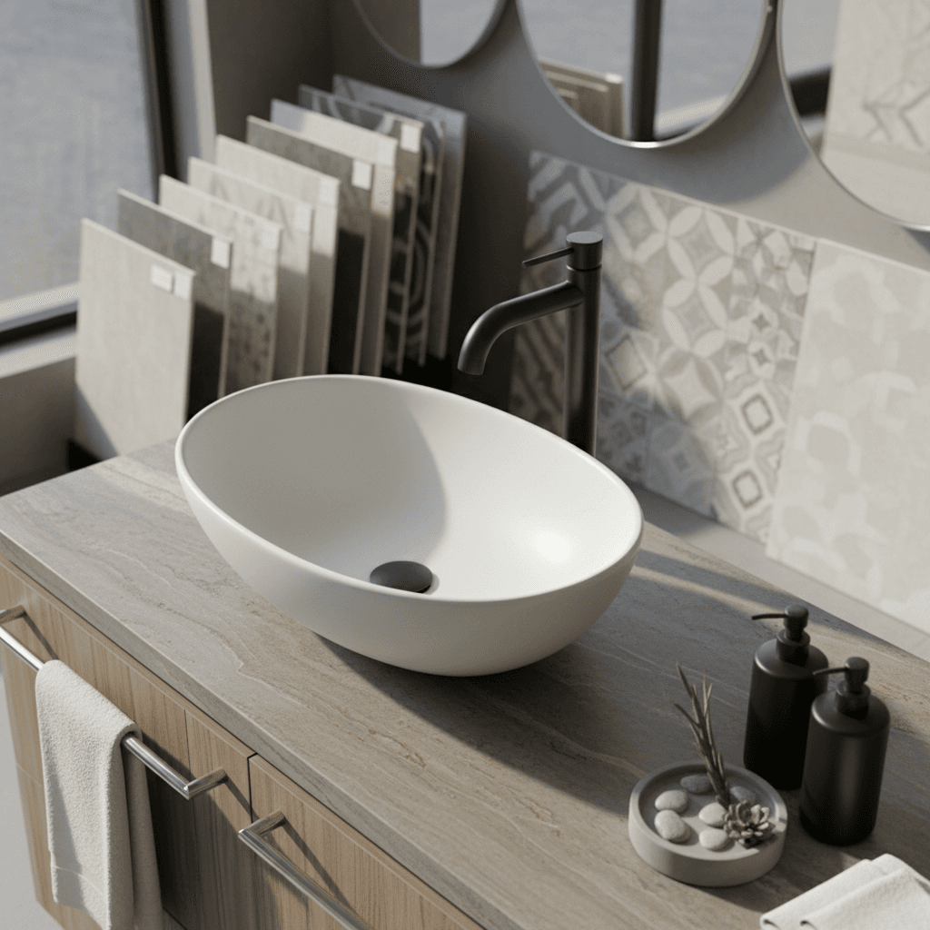Overhead view of luxury bathroom vanity with ceramic sink and matte black faucet in bright showroom setting