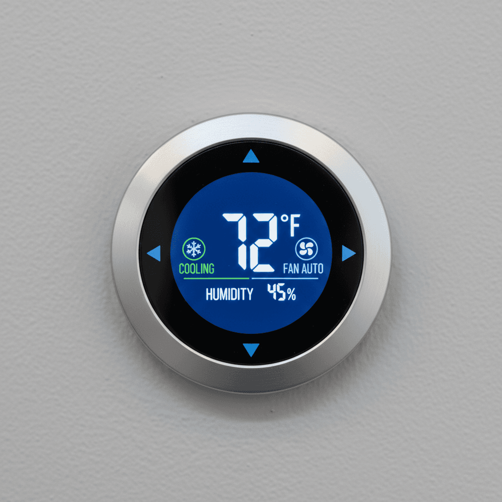Digital smart thermostat display showing temperature, humidity, and system status on light wall