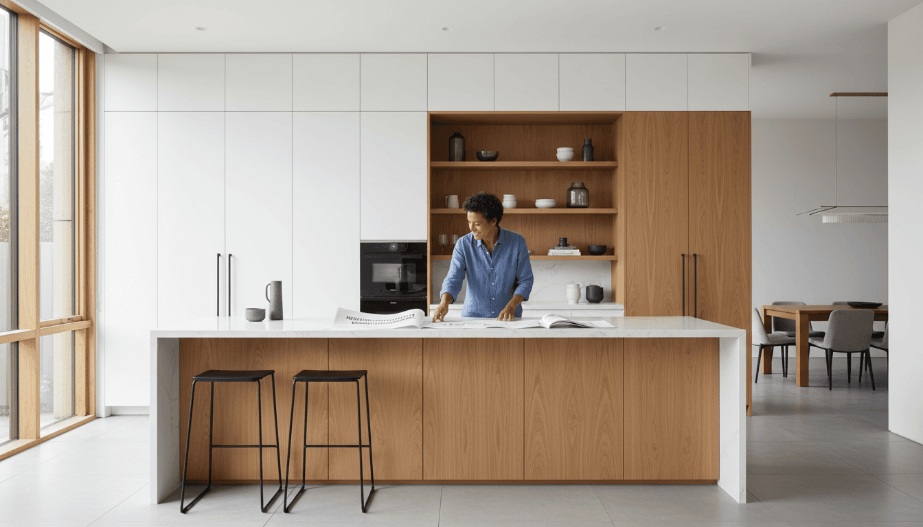 Modern kitchen remodel with custom cabinetry, white countertops, and island seating