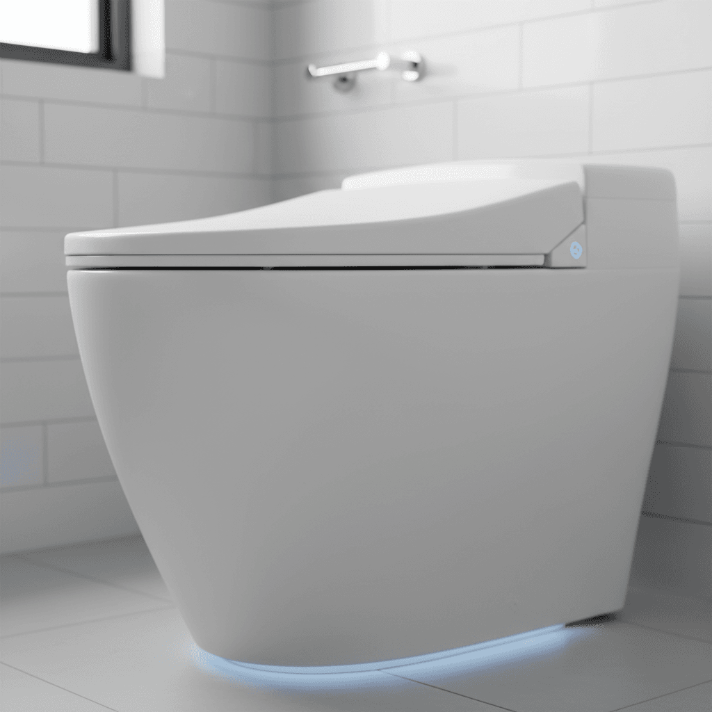 Close-up of sleek white smart toilet with touchless controls and blue LED lighting in minimalist bathroom