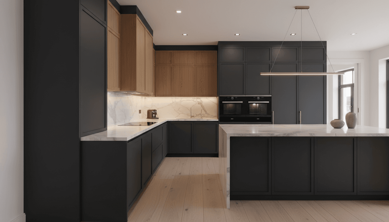 Completed luxury kitchen with custom cabinets, marble countertops, and professional lighting showcasing high-end remodeling