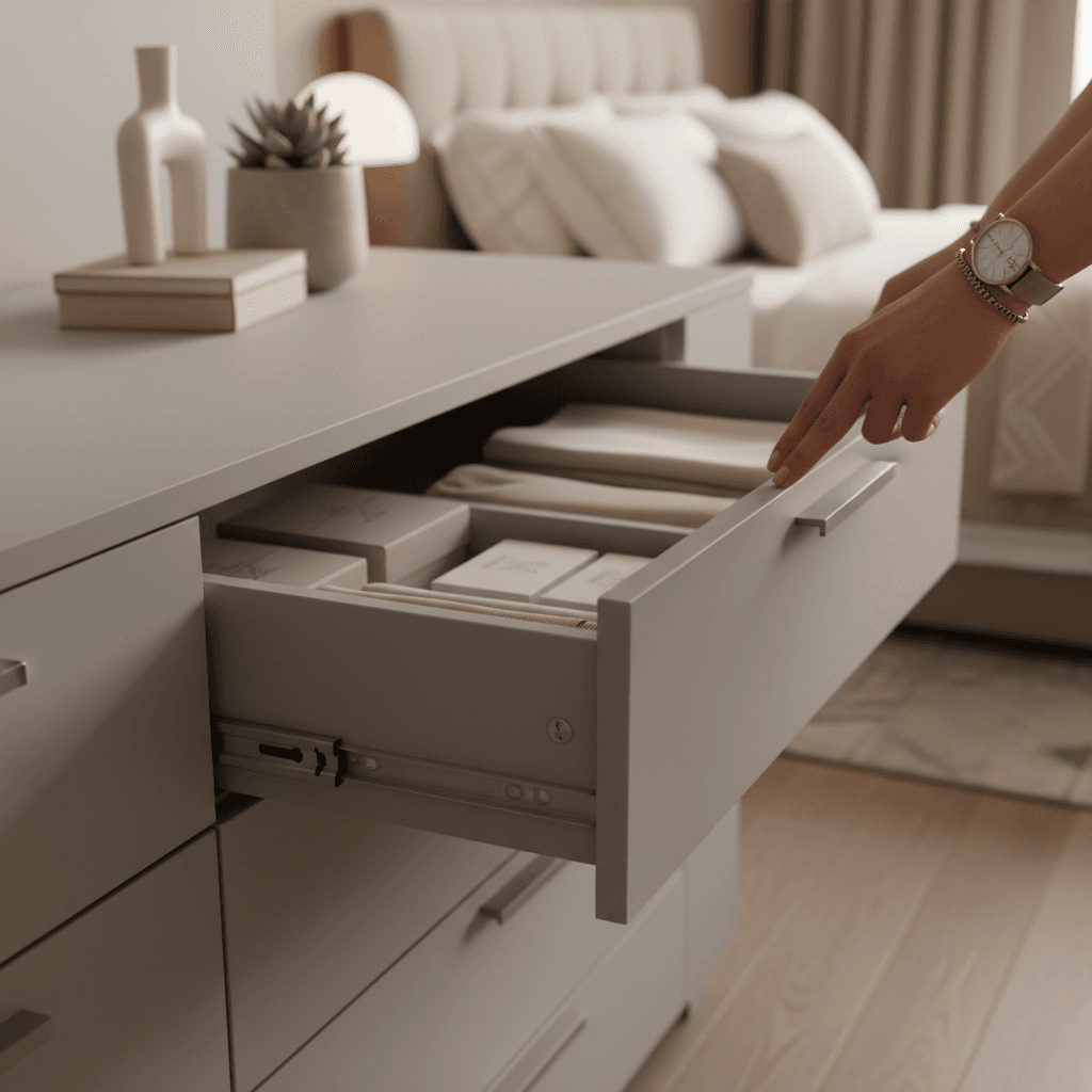 Hands opening melamine dresser drawer in modern bedroom, showing smooth glide mechanism and interior storage organization