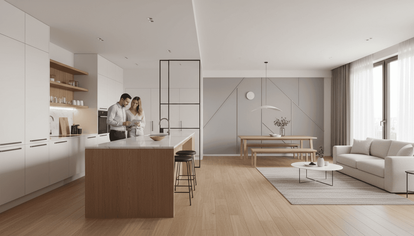 Modern open-plan home with custom white modular kitchen, warm wood accents, and professional couple reviewing design details on tablet