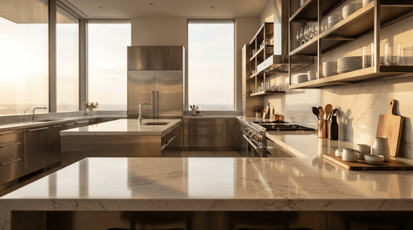 Modern kitchen featuring Bellmont cabinets with warm wood tones and granite counters