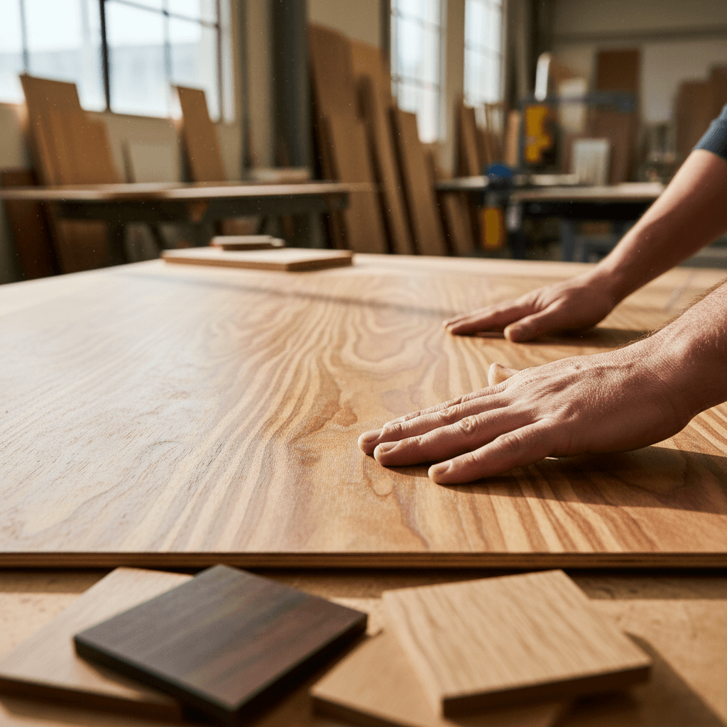 Close-up of woodworker's hands feeling smooth plywood surface with visible wood grain texture and warm natural lighting