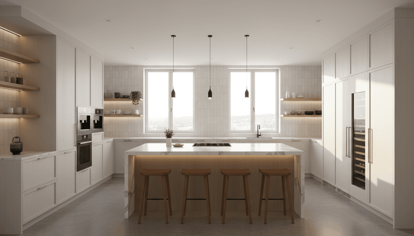 Modern kitchen and bathroom remodel showcasing custom cabinetry and countertops