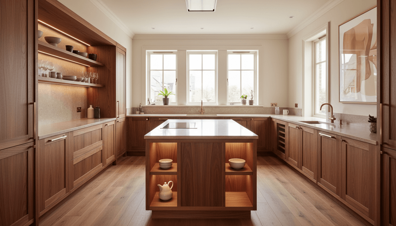 Newly renovated kitchen with floor-to-ceiling custom wooden cabinetry, island storage, and under-cabinet lighting