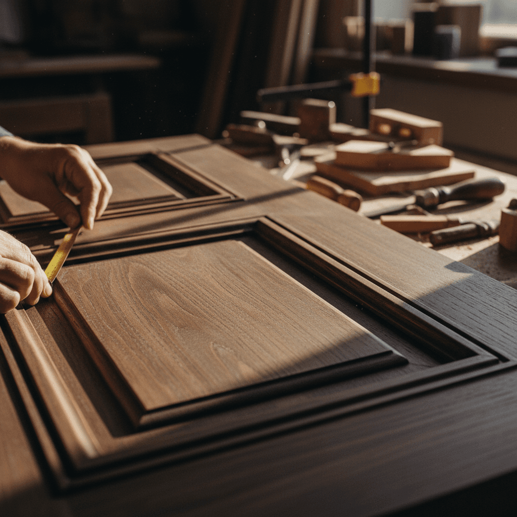 Close-up of hand-carved wooden door panel showing intricate craftsmanship, wood grain texture, and artisanal construction details