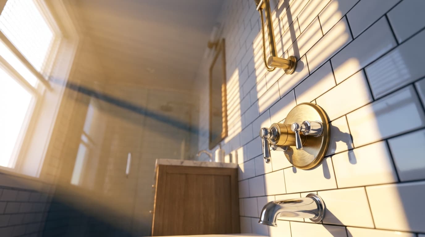 Modern custom tile shower with frameless glass door and natural stone tiles in bright bathroom