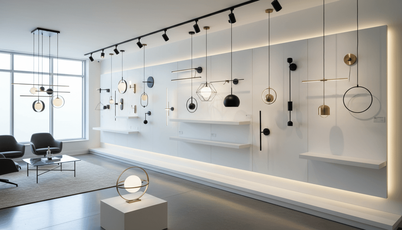 Modern showroom display wall featuring contemporary LED light fixtures in various styles and metallic finishes