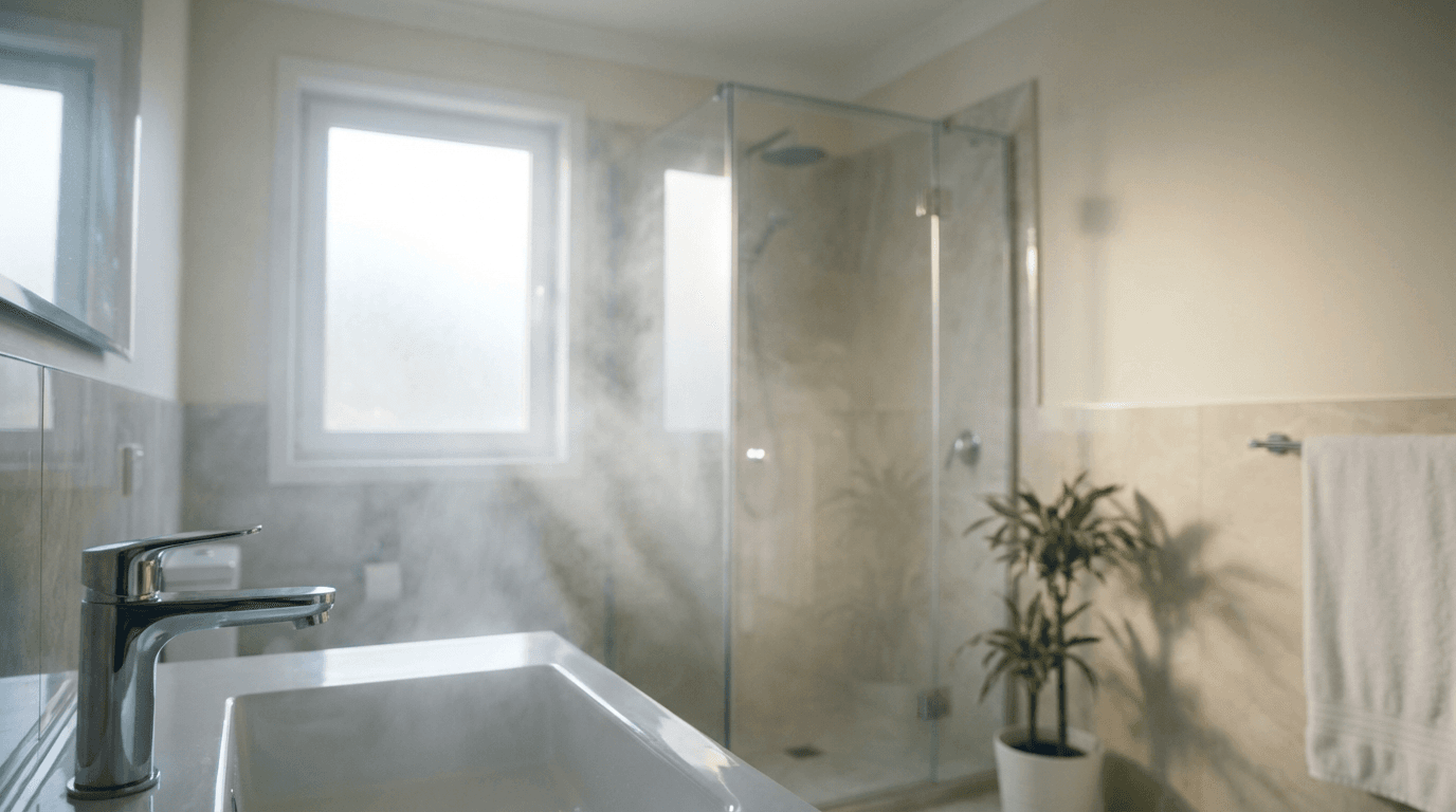 Walk-in shower with white horizontal panels, dark grey floor, built-in bench, and recessed niche.