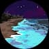 Bioluminescent blue waves crash on a dark beach under a starry purple night sky.