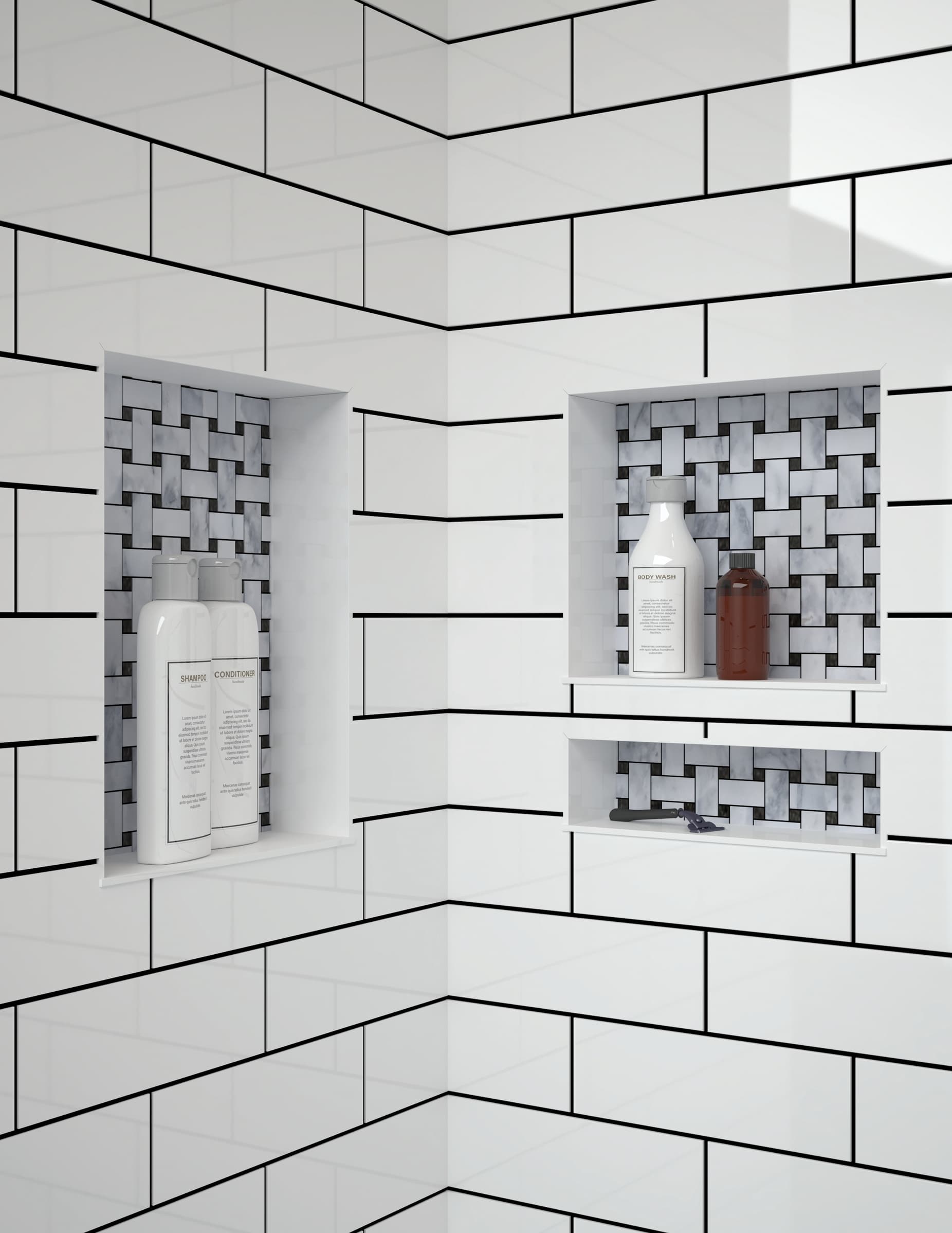 White subway tile shower corner with recessed niches featuring marble basketweave tile and toiletries.