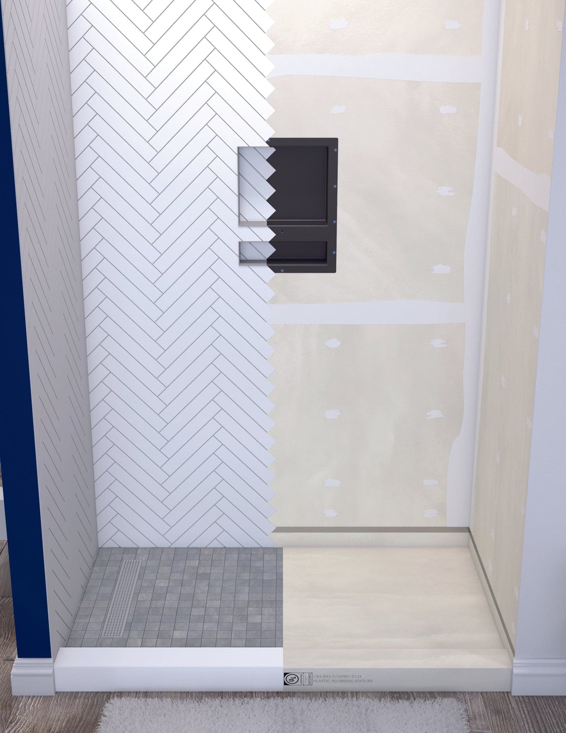 Split view of a shower installation showing white herringbone wall tiles and unfinished waterproof panels.